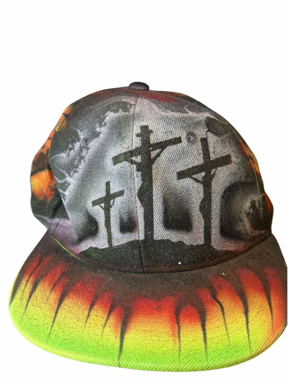 Decky Cross Crucifixion Flame Graphic Flat Bill Snapback Hat Neon